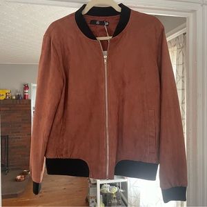 Missguided Size 6 Contrast Rib Faux Suede Bomber Jacket Rust NWT